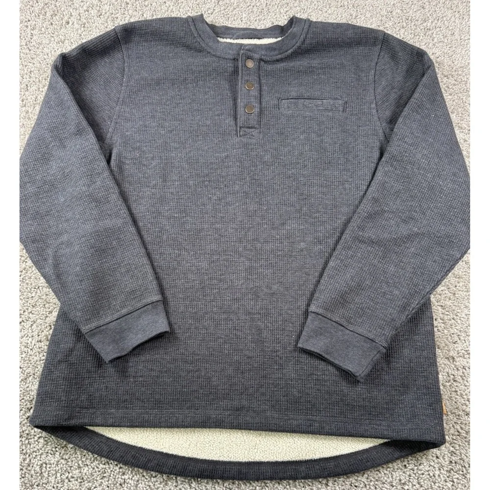 LL Bean Sherpa Lined Waffle Henley Sweater Pullover Quarter Snap Gray Mens Large - Picture 2 of 9